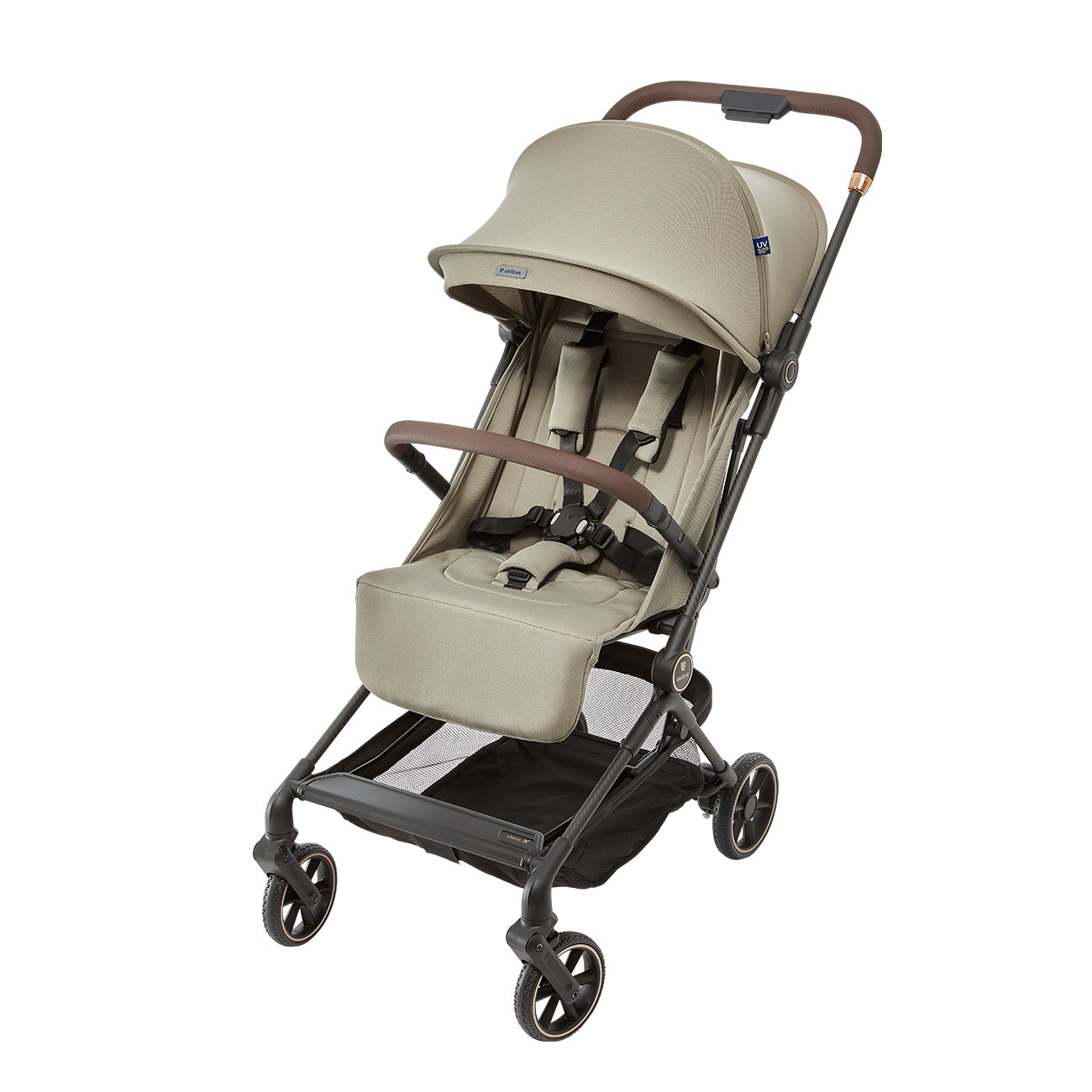 Beige baby stroller with brown accents on a white background