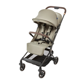 Beige baby stroller with brown accents on a white background