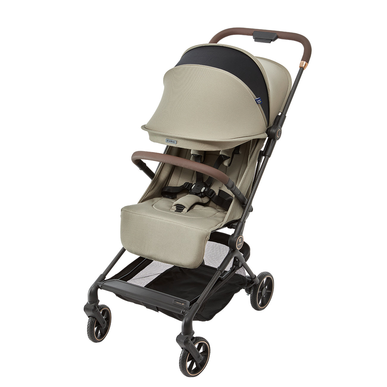 Beige and black stroller on a white background