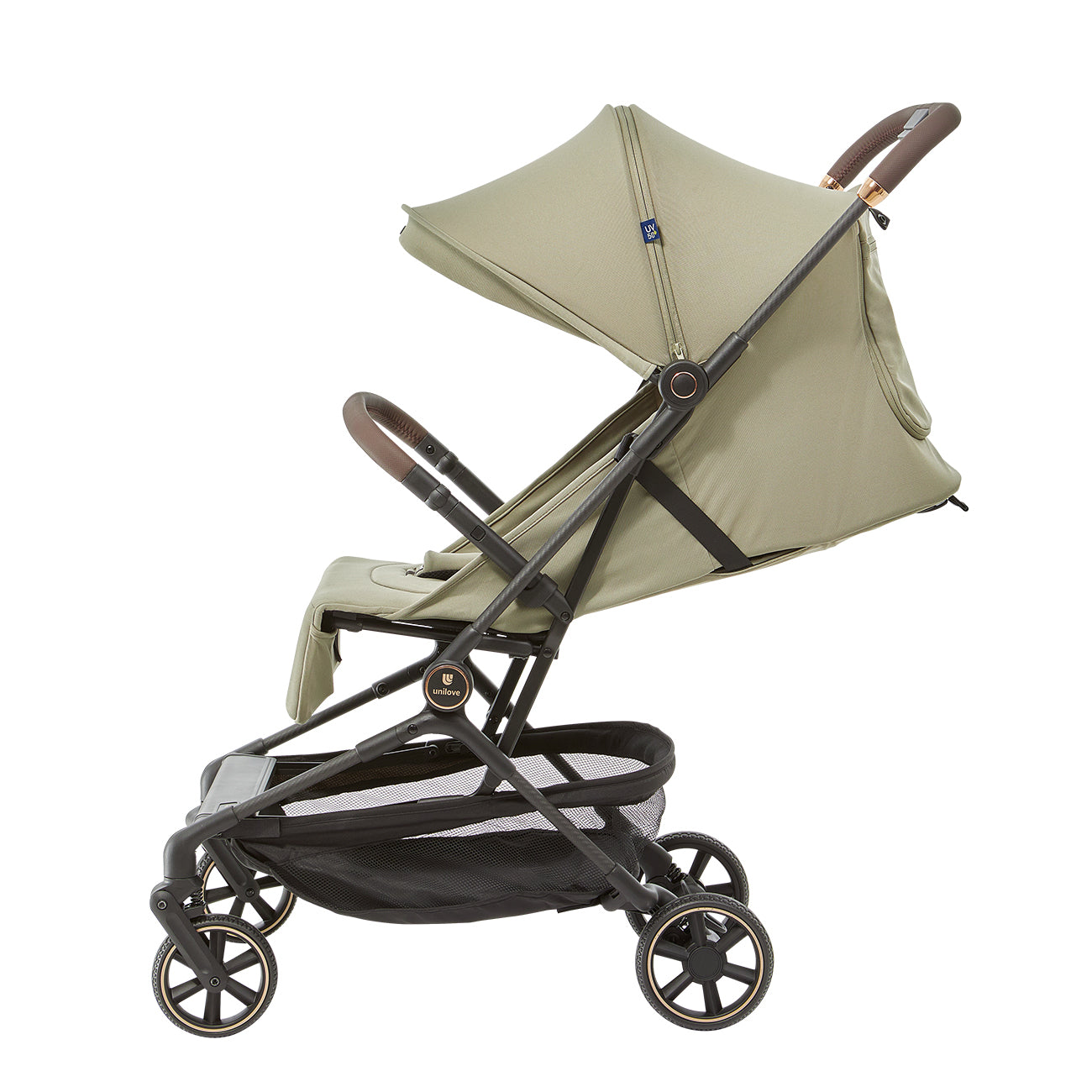 Beige stroller with a black frame on a white background