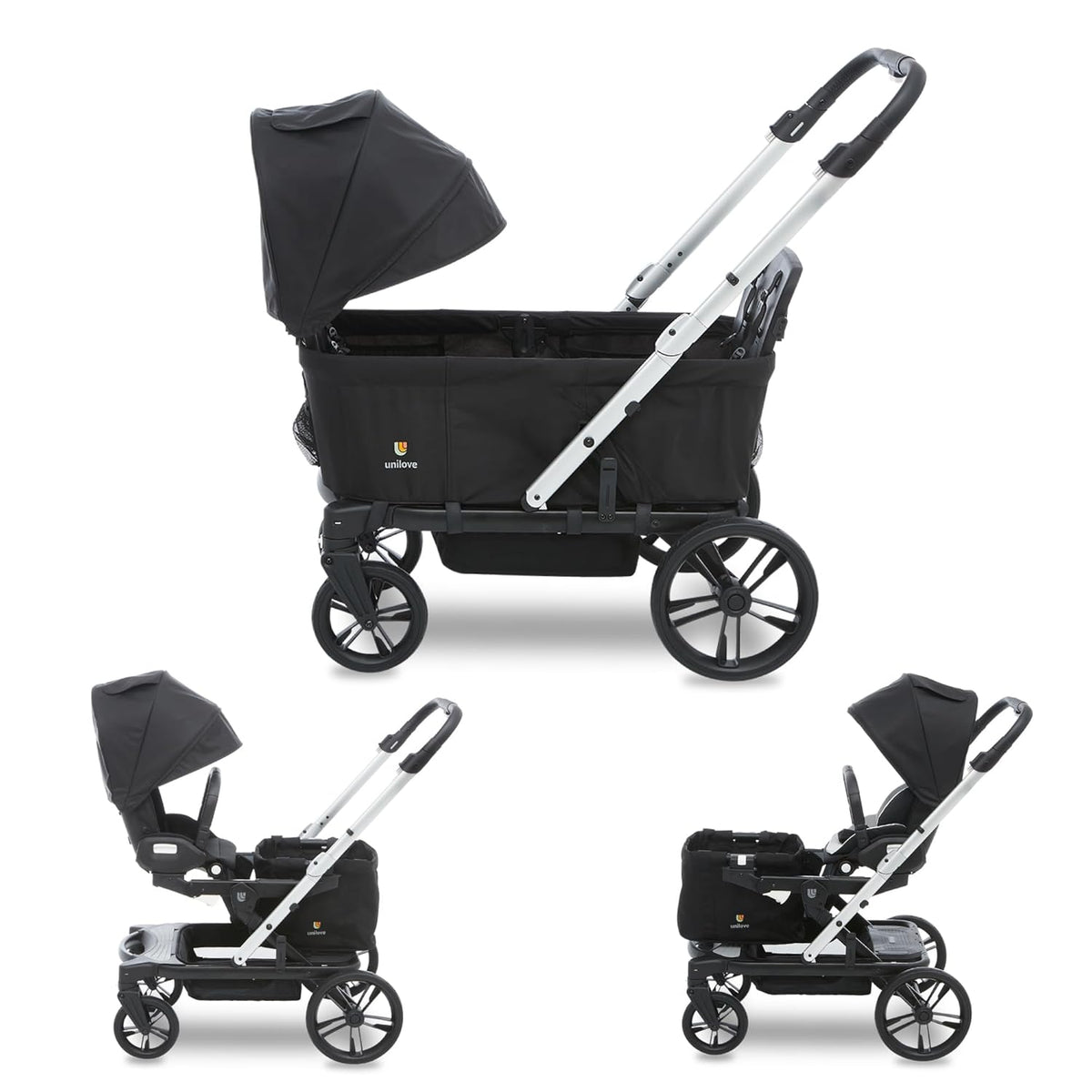 Black convertible baby stroller wagon with adjustable stroller seat for rear-facing, front-facing 