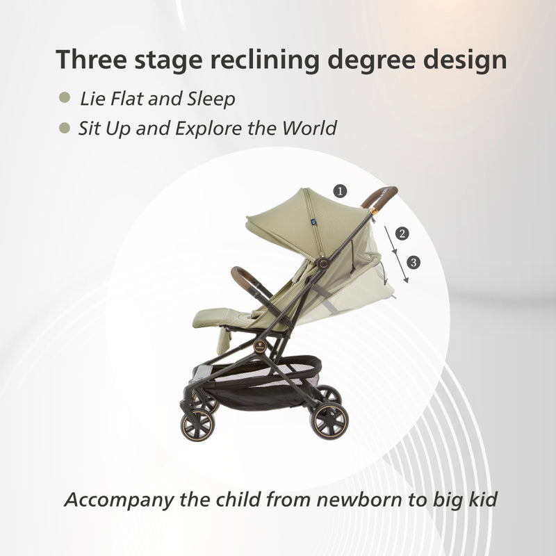 Beige stroller with text on a white background