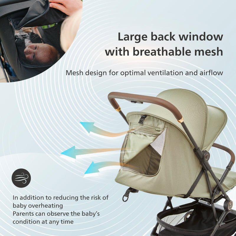 Beige stroller with large back window and breathable mesh, showing airflow and a baby's reflection.