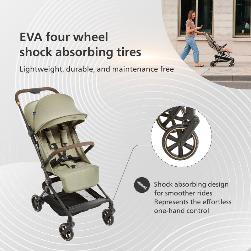 Beige stroller with PU four-wheel shock-absorbing tires on a white background