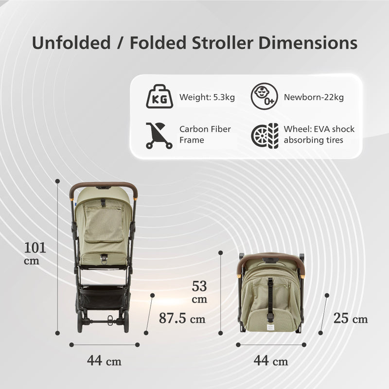 Aero X dimensions chart showing unfolded and folded stroller sizes with weight and feature icons.