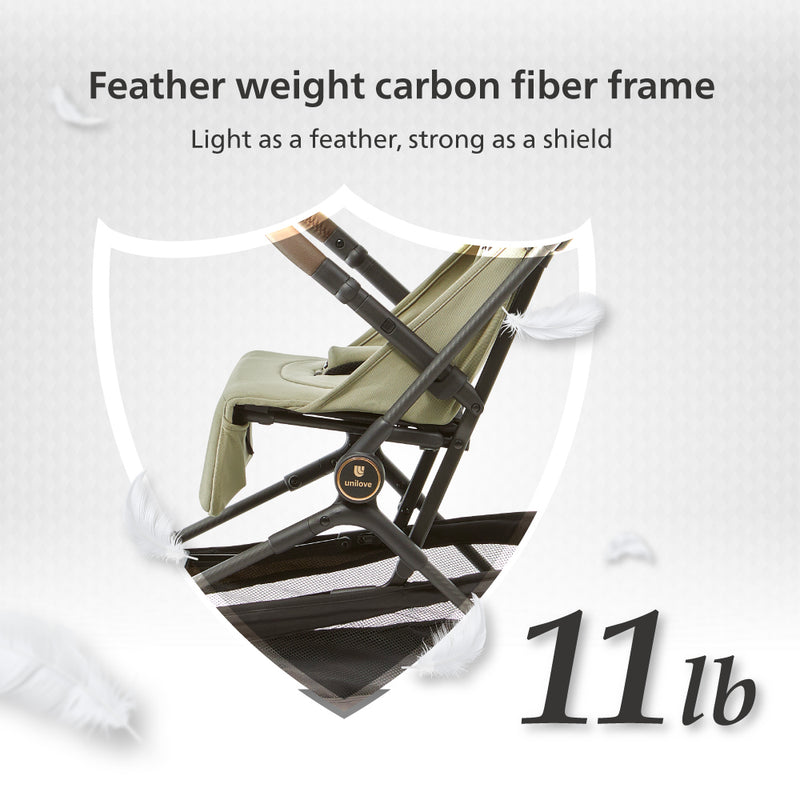 Baby stroller with carbon fiber frame and text highlighting weight and strength
