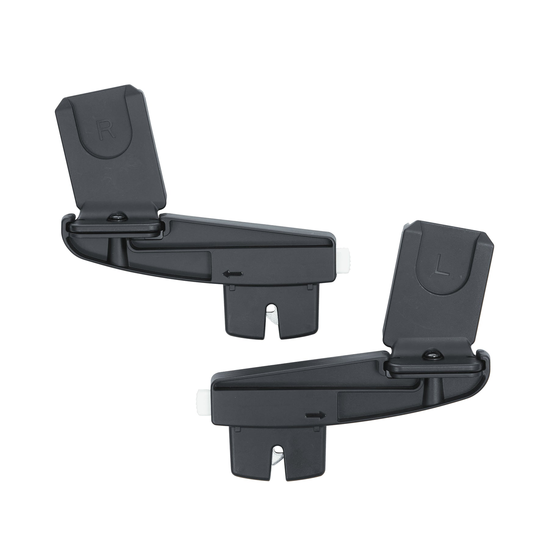 Two black plastic clips on a white background