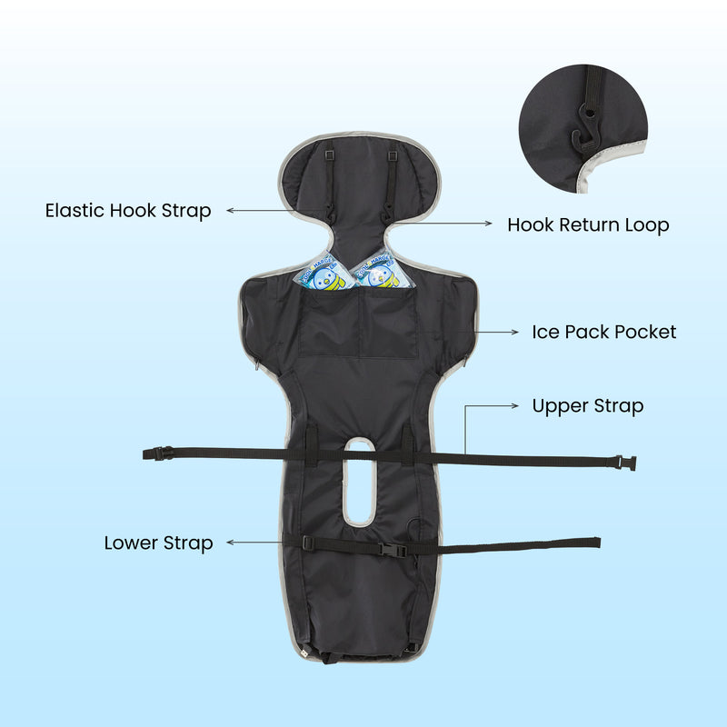 elastic hook strap ice pack pocket upper strap lower