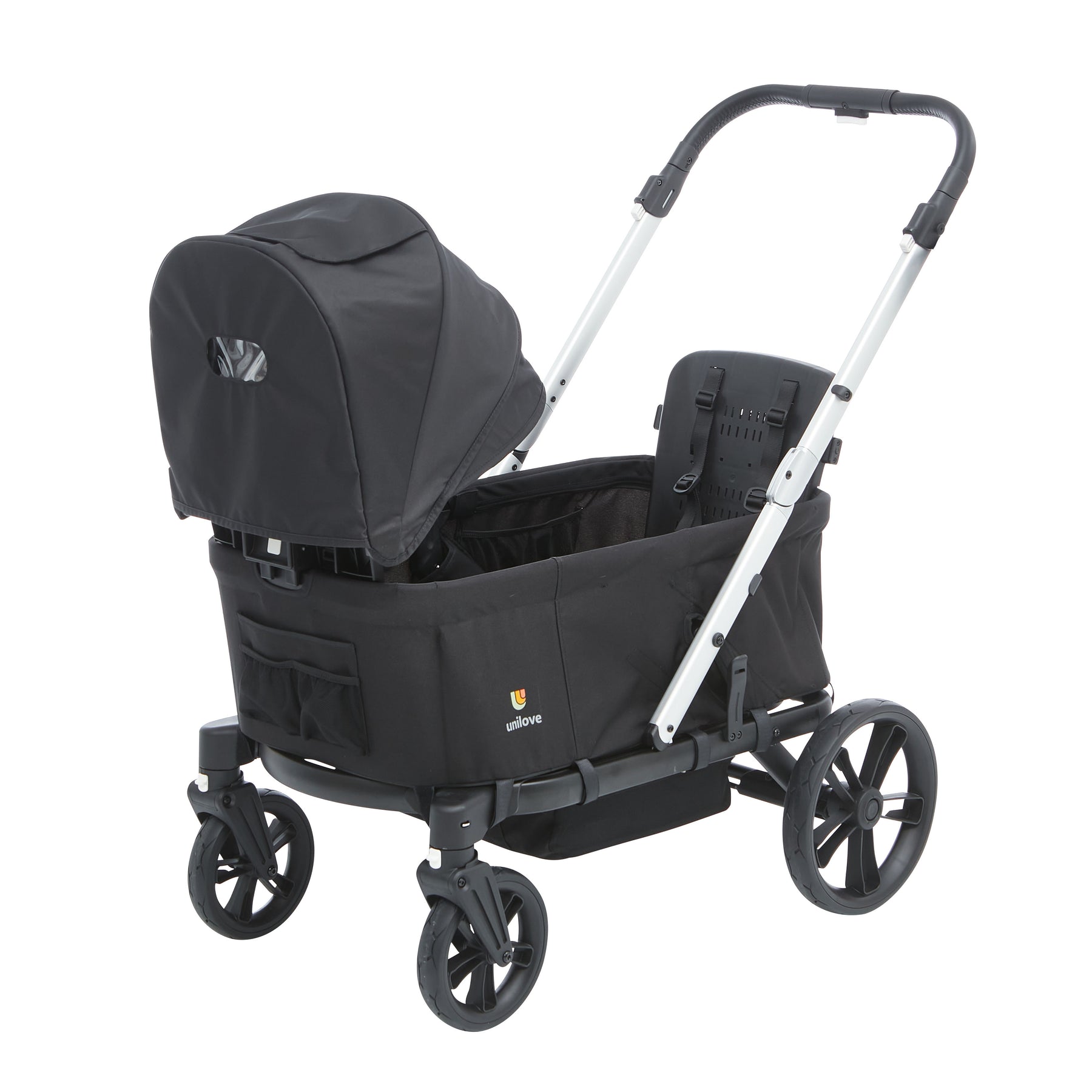 Black baby stroller wagon with a full size canopy adjustable handle bar all terrain wheels two seat for baby white frame on a white background