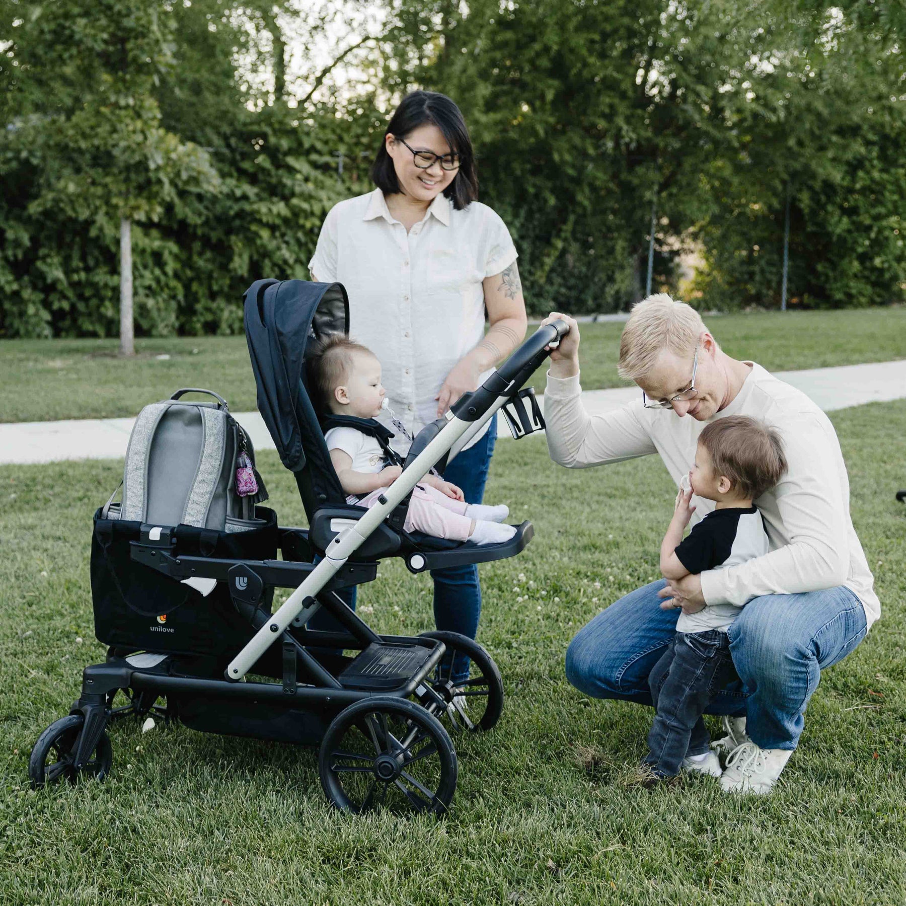 all terrain wheels on a baby stroller with large storage space