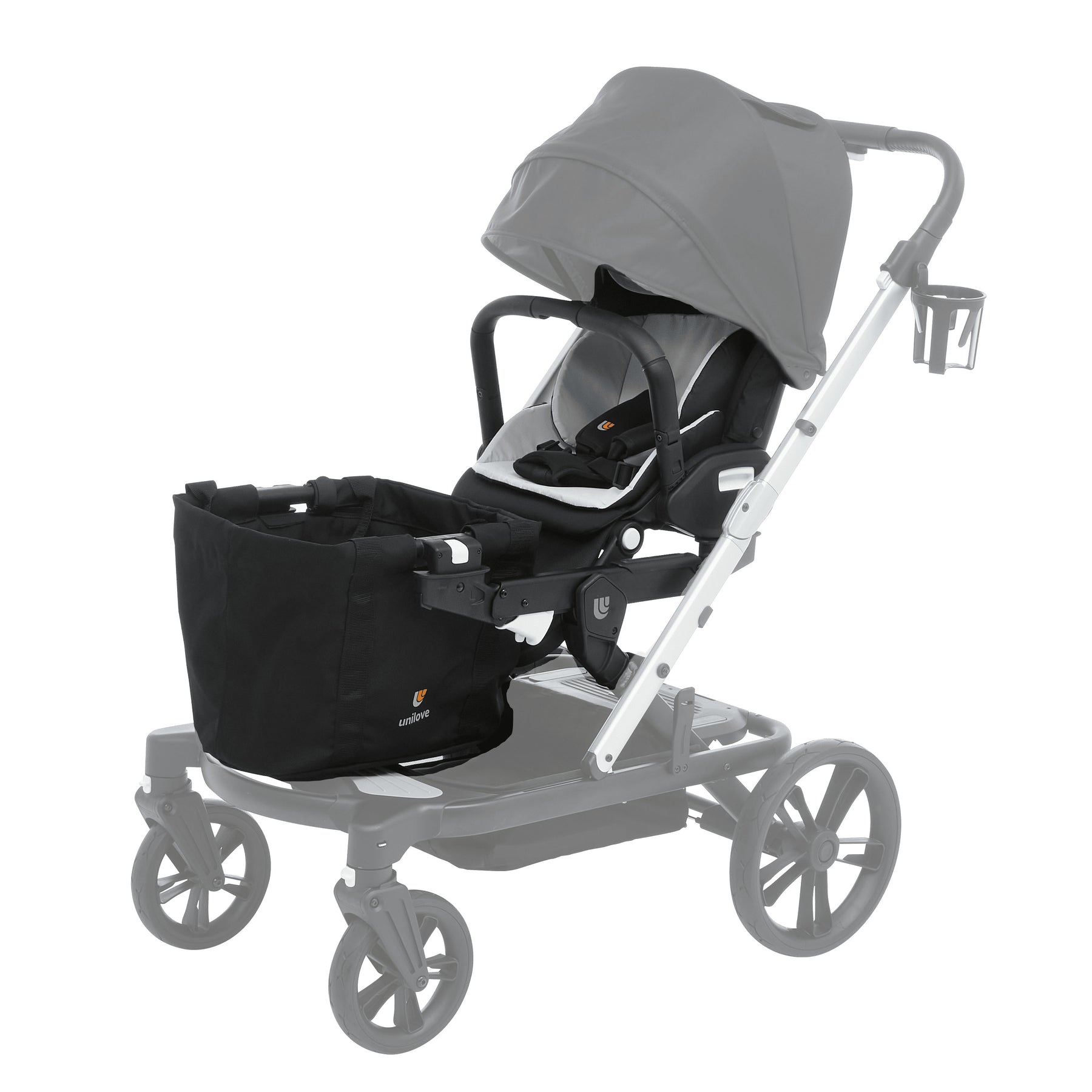 Gray stroller with a black car seat attachment on a white background