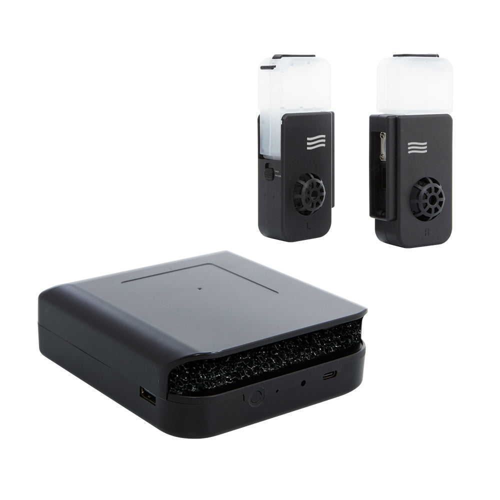 Black electronic device with two smaller black devices on a white background